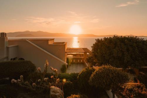 a sunset over the water with a house and a building at ZELION VILLA in Stelida