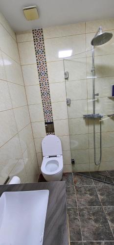 a bathroom with a toilet and a shower at Sayram in Yunusobod