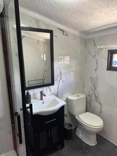 Un baño con inodoro, lavabo y espejo. en Casa el Mure, en Ronda