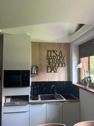 a kitchen with a sink and a counter top at Margus Apartmány in Oščadnica