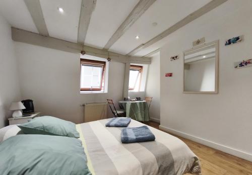 a bedroom with two beds and a mirror at Chambre - Centre historique - Equipée - Salle d'eau et WC privés in Colmar