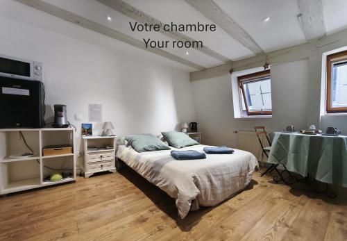 a bedroom with a bed and a table in a room at Chambre - Centre historique - Equipée - Salle d'eau et WC privés in Colmar