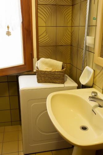 a bathroom with a sink and a washing machine at Artesina in Sella della Turra