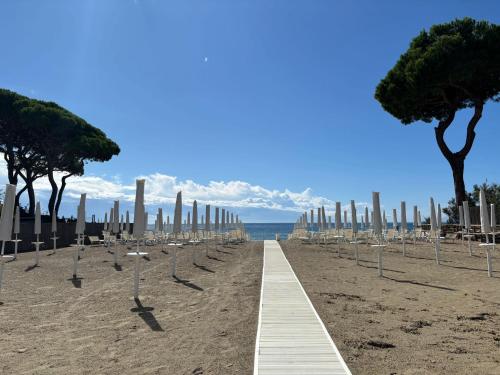 a boardwalk on a beach with trees on it at Ibiscus Beach Village in Follonica