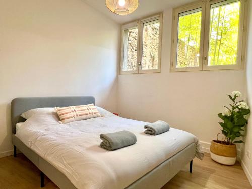 une chambre avec un lit avec deux oreillers dessus dans l'établissement Beautiful 2 bedroom apartment in downtown Poitiers, à Poitiers