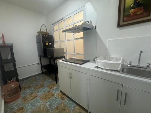 eine Küche mit Spüle und Arbeitsplatte in der Unterkunft Casa céntrica retro-moderna con 46 amenidades in Xalapa