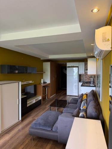 a living room with a couch and a kitchen at Deluxe Beach Residence in Samsun