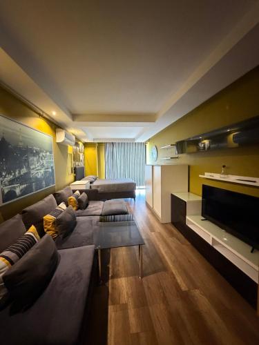 a living room with a couch and a television at Deluxe Beach Residence in Samsun
