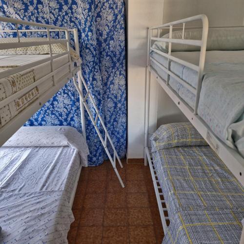 two bunk beds in a room with blue wallpaper at RentitSpain Ático en primera línea de playa Terraza y piscina in Salobreña