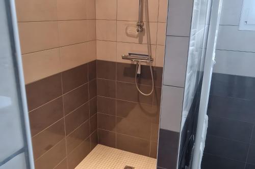 a bathroom with a shower with brown tiles at Villa Du Chai in Sainte-Marie-de-Ré