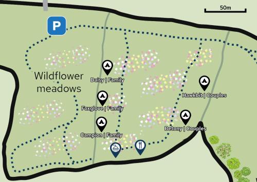 a map of the wildflower meadows area at Hogchester Meadow Pods in Charmouth