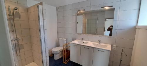 a bathroom with a sink and a toilet and a mirror at Maison De Caractère Bord De Mer in Gouberville