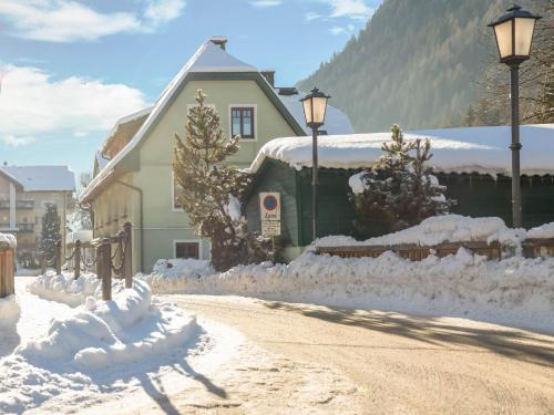 a house covered in snow next to a street at Apartment Feld am See near Ski Slopes in Feld am See