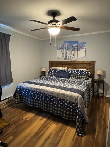 a bedroom with a bed and a ceiling fan at Beech Mountain Getaway in Beech Mountain