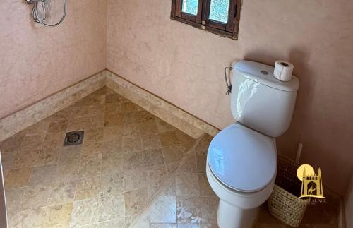 a bathroom with a toilet in the corner of a room at hotel riad kasbah sbai palace in Mhamid