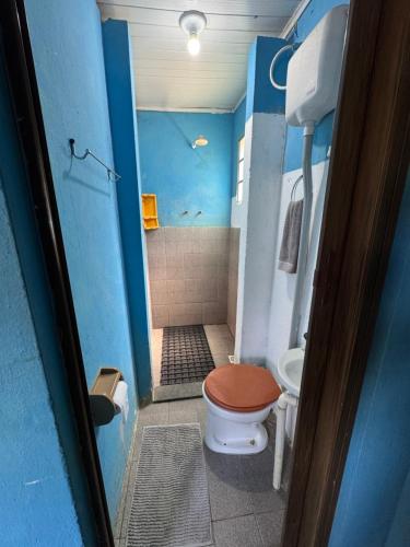 a small bathroom with a toilet and a shower at Pousada Praia grande palmas in Angra dos Reis