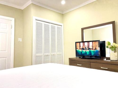 モンテゴ・ベイにあるVacay Suite Private Beach Access Gated Parkingのベッドルーム(ベッド1台、鏡、テレビ付)