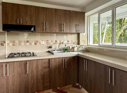 a kitchen with wooden cabinets and a sink and a window at GURUS FR Luminoso Amplio Cómodo en excelente ubicación in Pereira