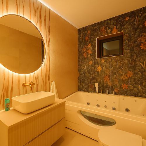a bathroom with a sink and a mirror and a tub at Galway Paradisus in Galway