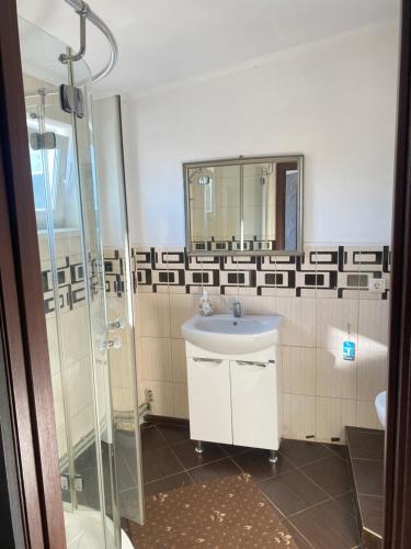 a bathroom with a sink and a shower at Шервуд in Zhytomyr