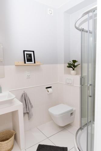 a white bathroom with a toilet and a sink at Willa na skraju lasu Fox - MAZURY in Kruklanki