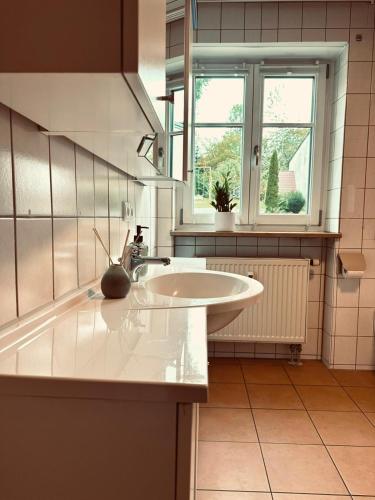 a bathroom with a white sink and a window at Ferienwohnung Naznhaus in Windischeschenbach
