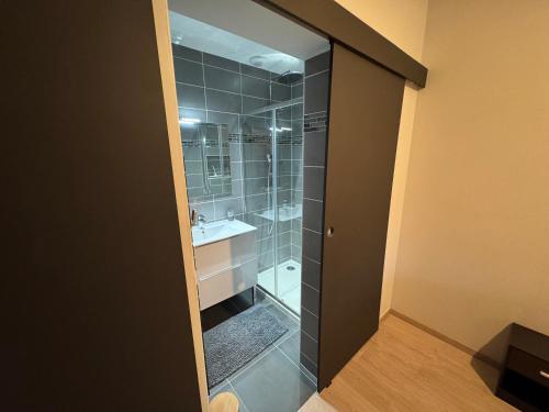 a bathroom with a glass shower with a sink at Chambre Thea in Montauban