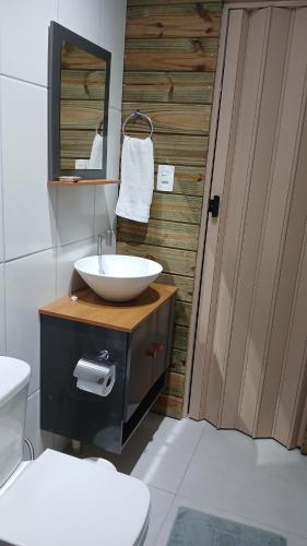 a bathroom with a sink and a mirror and a toilet at Suite 66 privativa, 11km da vila Germânica in Blumenau