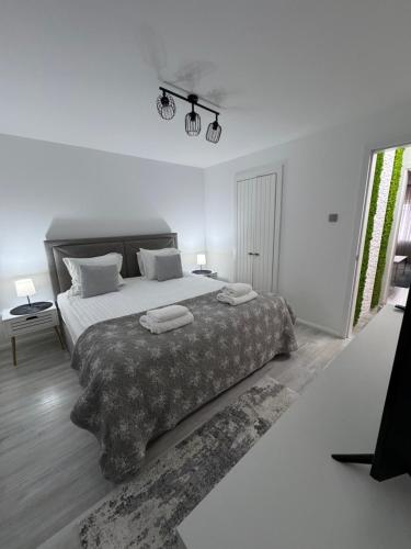ザルネシュティにあるAlina Residence Zărneștiの白いベッドルーム(毛布付きの大型ベッド1台付)