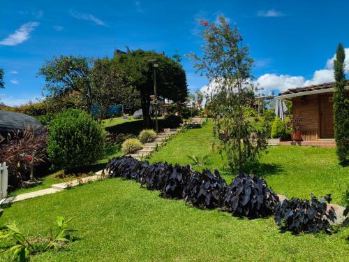 a garden with black rocks in the grass at Glamping Cabañas Sharmont in Guarne
