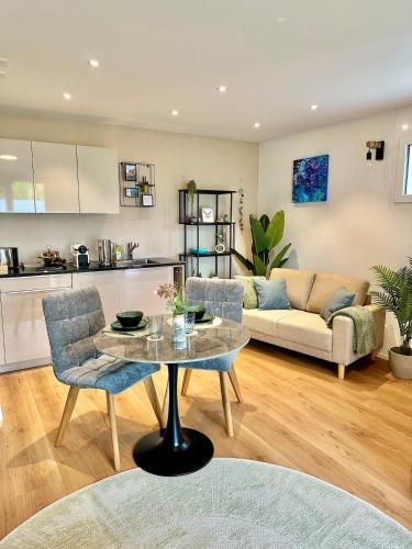 a living room with a table and a couch at Modern Business Studio with Self check-in in Schaan