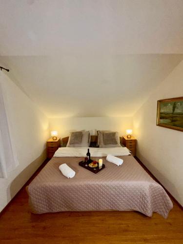 a bedroom with a large bed with two lamps at Głuszyńska Przystań in Stawiska