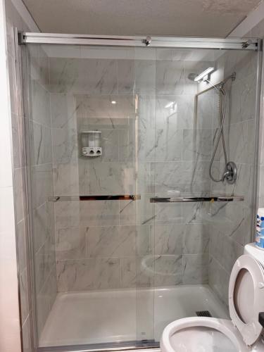a shower with a glass door next to a toilet at Homey Basement Suite by Gaudi in Calgary