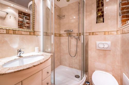 a bathroom with a shower and a sink and a toilet at Cosmo - Old Money Apartment in Gdańsk