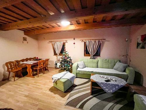 a living room with a green couch and a christmas tree at Chata u Ondríka in Čierny Blh