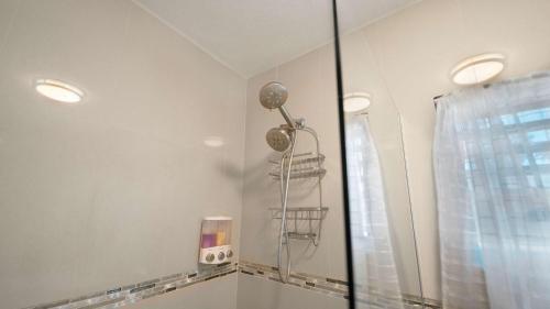 a bathroom with a shower and a mirror at Aquaville Dorado Moderna Villa 3 in Dorado
