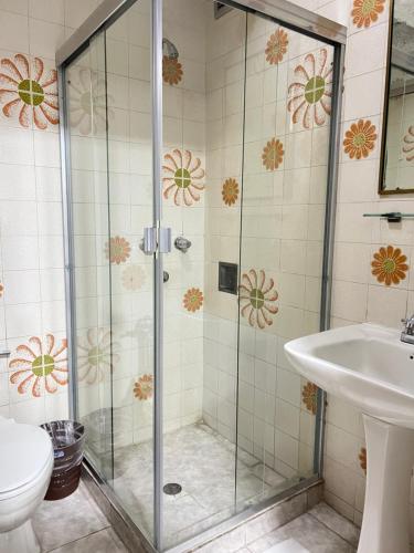 a bathroom with a shower and a sink at Hotel Grand Galaxie in Caracas
