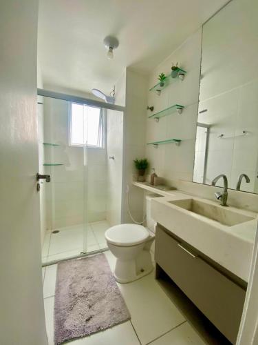 a bathroom with a toilet and a sink and a shower at Apê aconchegante e climatizado - Villa Kennidy in Caruaru
