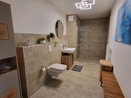 a bathroom with a toilet and a sink and a shower at Lust auf Meer in Garz
