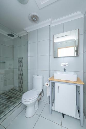 a bathroom with a toilet and a sink and a shower at Prime Apartments in Richwood