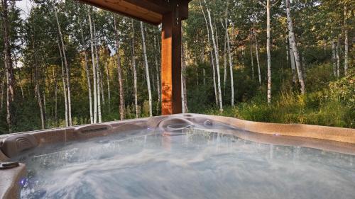 a hot tub with water in front of a forest at Fuerza Grande in Steamboat Springs