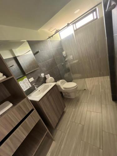 マニサレスにあるZOI Eco Hotel y Glampingのバスルーム(トイレ、洗面台、鏡付)