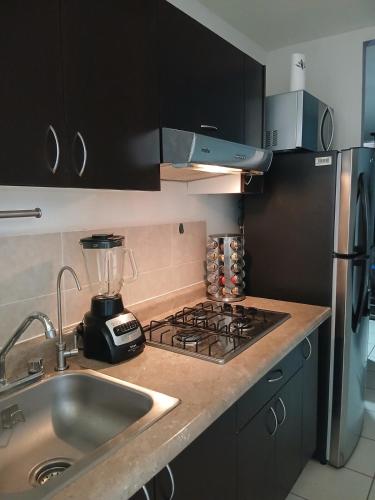 a kitchen with a sink and a blender on the counter at Departamento Ganges in León