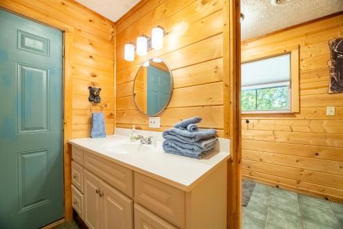 een badkamer met een wastafel en een spiegel bij Haus Edelweiss By Avada Properties in Sevierville