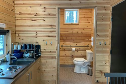 a log cabin bathroom with a toilet and a sink at Postcard Cabins St Francois, Outdoor Collection by Marriott Bonvoy in Bloomsdale