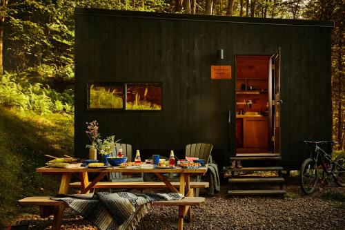a picnic table in front of a black shed at Postcard Cabins Wild Rose, Outdoor Collection by Marriott Bonvoy in Wild Rose
