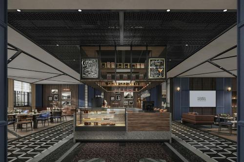 天津市にあるFour Points by Sheraton Tianjin Jiefang Bridgeのテーブルと椅子のあるレストランのレンダリング