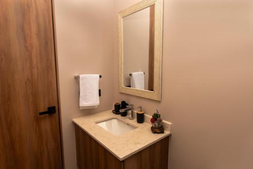 グアダラハラにあるDepartamento con cama queen, alberca, gimnasio y coworking, a minutos de Expo Guadalajaraの洗面台と鏡のあるバスルーム