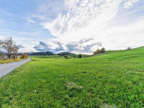 a field of green grass next to a road at Alpiner Aufenthalt mit Balkon in Steingaden in Steingaden
