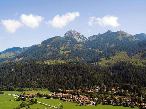 a village in a field with mountains in the background at Lush apartment in Bayrischzell with 2 saunas in Bayrischzell